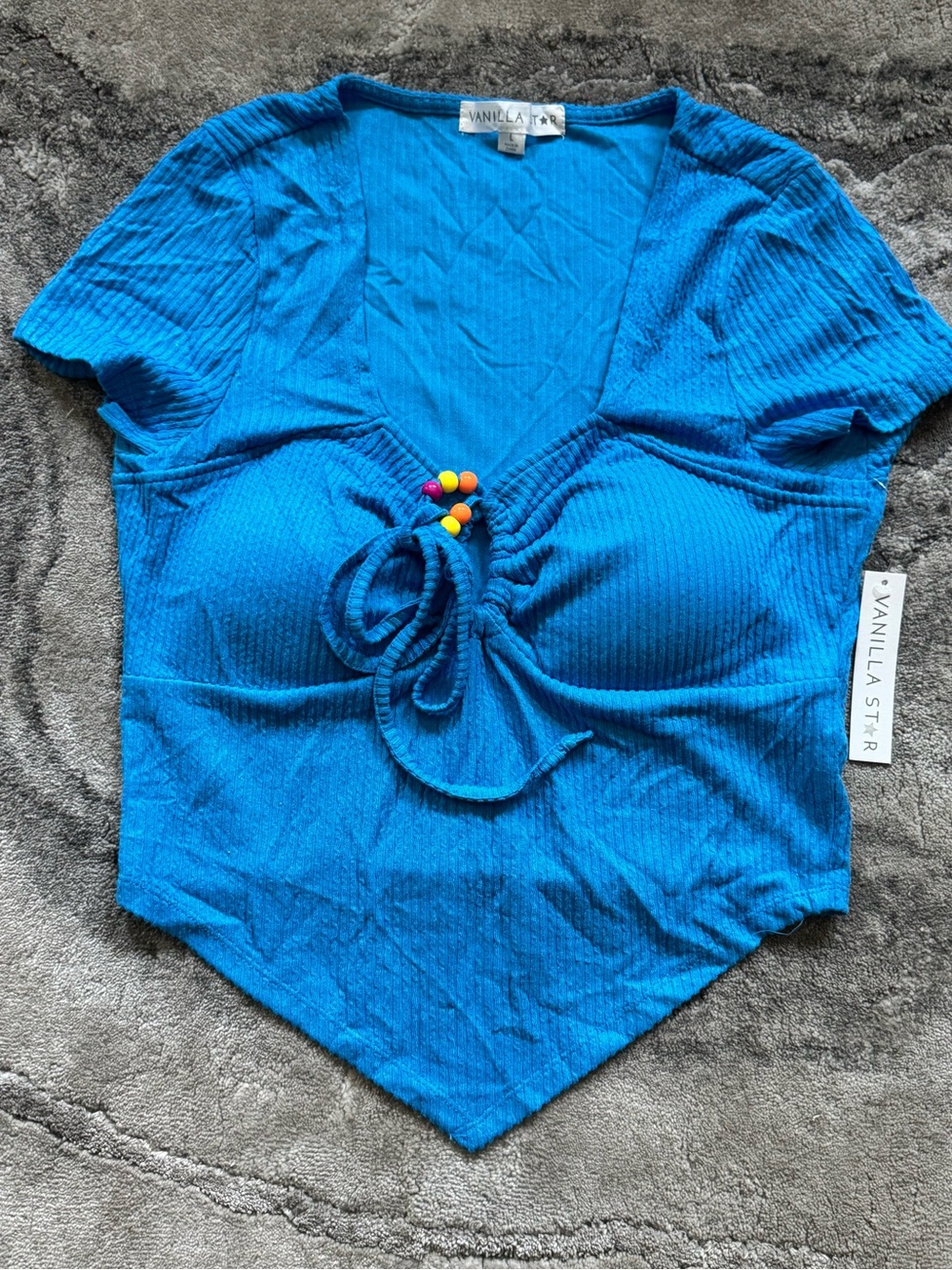 Vanilla Star Bright Blue Ribbed Tie-Front Crop Top